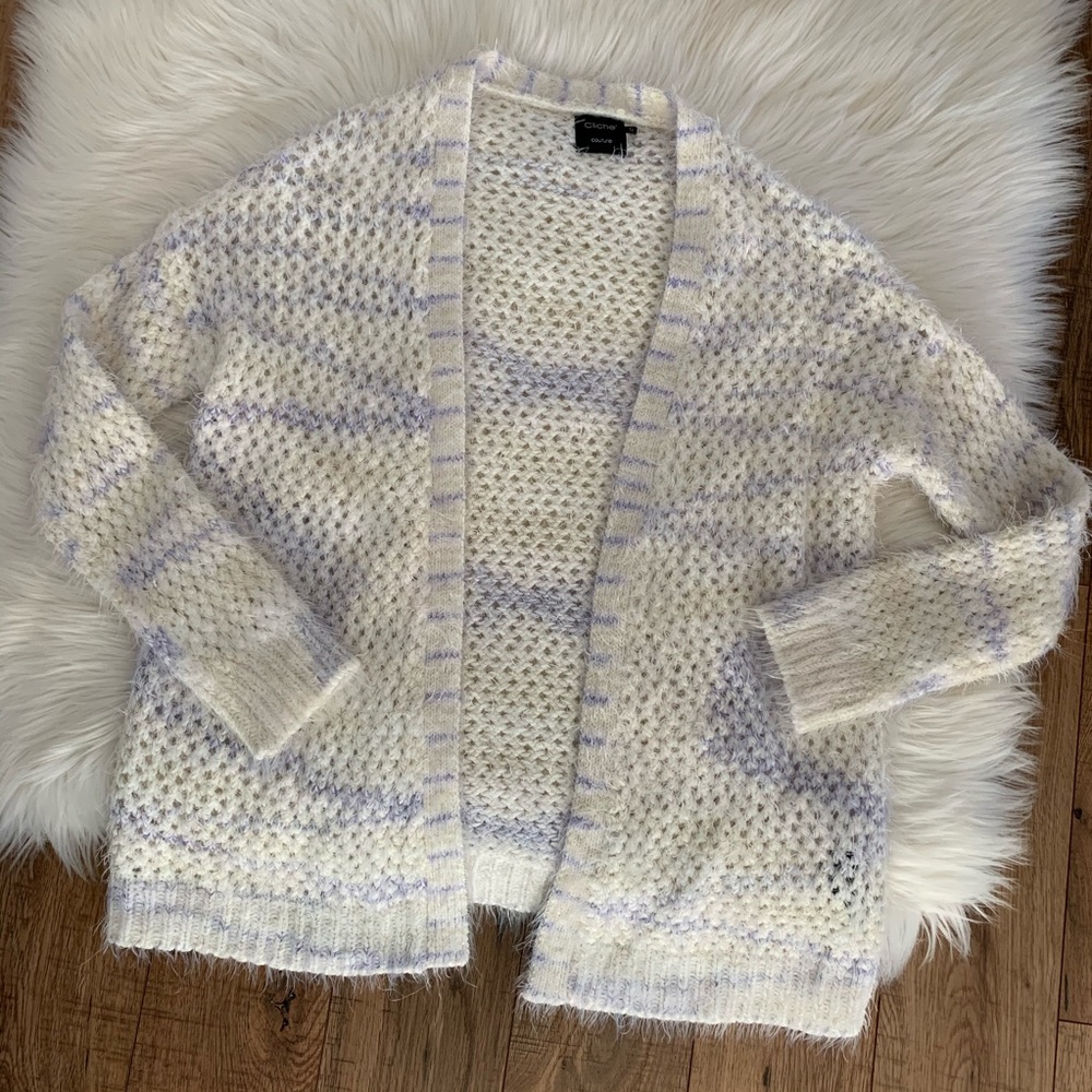 Cliche White Purple Eyelash Fur Open Front Cardigan Sweater Womens Small